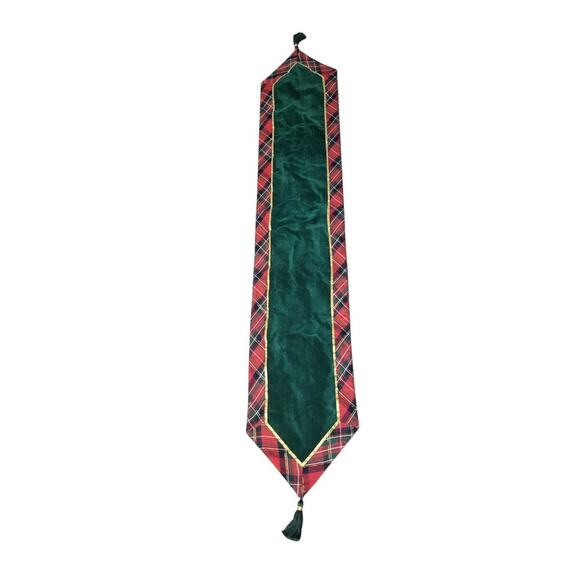 Marta Stewart Tartan Plaid Christmas Table Runner Green Velvet Tassels Gold - Picture 1 of 2